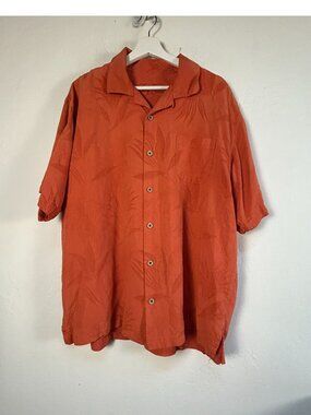 Tommy Bahama Mens Orange Leaf Silk Button-Up Camp Shirt XL Short Sleeve Casual